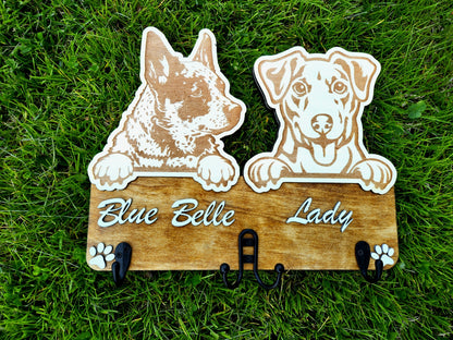 Personalized 2 Dog Peeking Dog Leash Hanger